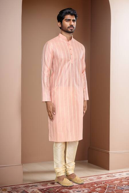 Arihant Rai Sinha_Peach Brocade, Silk Linear Woven Kurta Set_Online_at_Aza_Fashions