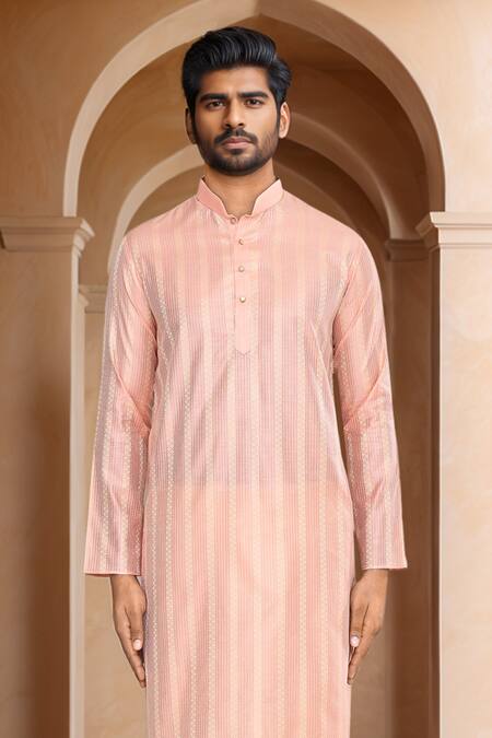 Shop_Arihant Rai Sinha_Peach Brocade, Silk Linear Woven Kurta Set_Online_at_Aza_Fashions