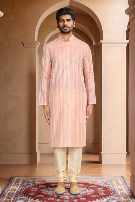 Arihant Rai Sinha_Peach Brocade, Silk Linear Woven Kurta Set_at_Aza_Fashions