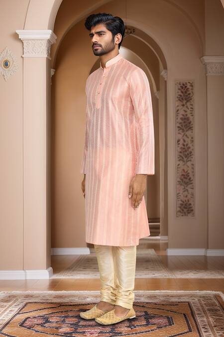 Buy_Arihant Rai Sinha_Peach Brocade, Silk Linear Woven Kurta Set
