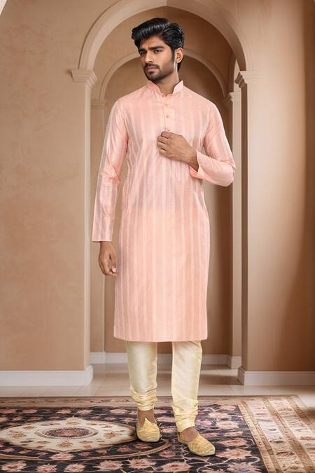 Shop_Arihant Rai Sinha_Peach Brocade, Silk Linear Woven Kurta Set
