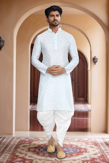 Buy_Arihant Rai Sinha_Blue Kurta Brocade, Patiala Art Silk Woven Buttoned Placket Straight And Set_Online_at_Aza_Fashions