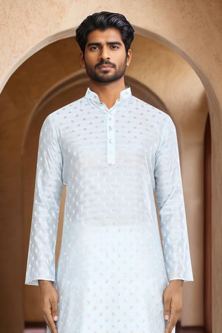 Shop_Arihant Rai Sinha_Blue Kurta Brocade, Patiala Art Silk Woven Buttoned Placket Straight And Set_Online_at_Aza_Fashions