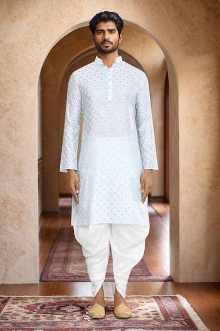 Shop_Arihant Rai Sinha_Blue Kurta Brocade, Patiala Art Silk Woven Buttoned Placket Straight And Set