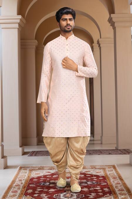 Buy_Arihant Rai Sinha_Peach Kurta Brocade, Patiala Art Silk Woven Buttoned Placket With_Online_at_Aza_Fashions