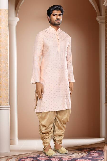 Shop_Arihant Rai Sinha_Peach Kurta Brocade, Patiala Art Silk Woven Buttoned Placket With_Online_at_Aza_Fashions