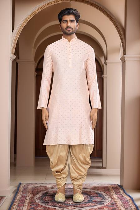 Shop_Arihant Rai Sinha_Peach Kurta Brocade, Patiala Art Silk Woven Buttoned Placket With
