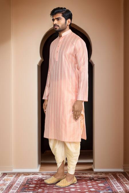 Arihant Rai Sinha_Peach Brocade, Silk Straight Woven Kurta With Patiala_Online_at_Aza_Fashions