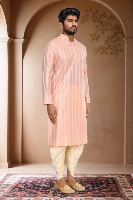 Buy_Arihant Rai Sinha_Peach Brocade, Silk Straight Woven Kurta With Patiala_Online_at_Aza_Fashions