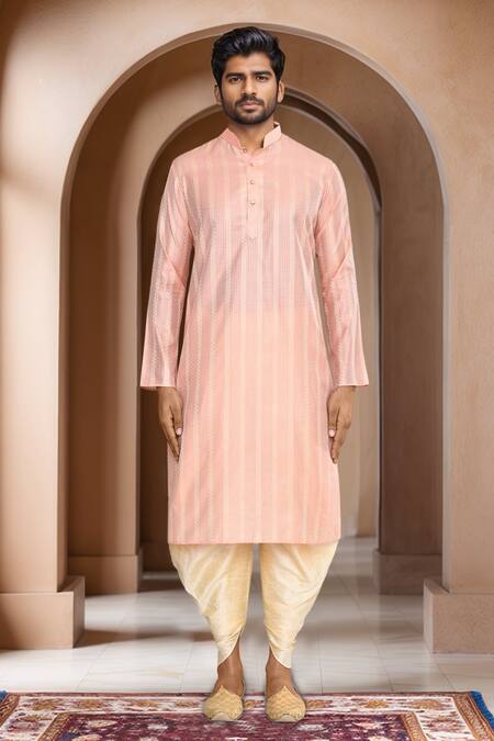 Shop_Arihant Rai Sinha_Peach Brocade, Silk Straight Woven Kurta With Patiala_Online_at_Aza_Fashions