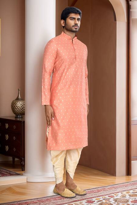 Arihant Rai Sinha_Peach Brocade, Silk Leaf Motif Kurta Set With Patiala Pant_Online_at_Aza_Fashions