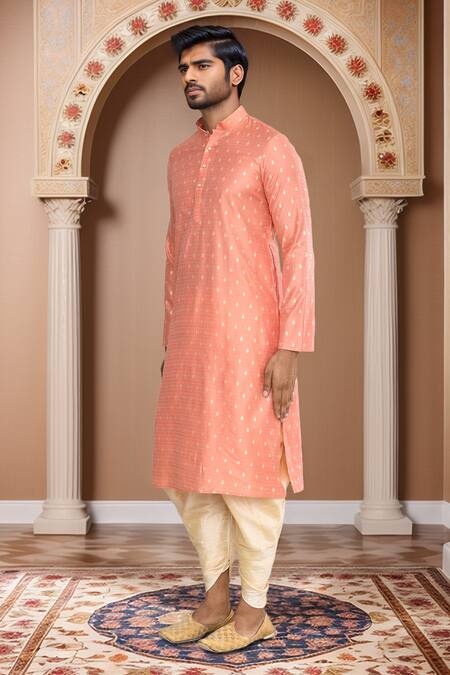 Shop_Arihant Rai Sinha_Peach Brocade, Silk Leaf Motif Kurta Set With Patiala Pant_Online_at_Aza_Fashions