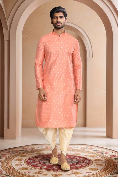 Arihant Rai Sinha_Peach Brocade, Silk Leaf Motif Kurta Set With Patiala Pant_at_Aza_Fashions