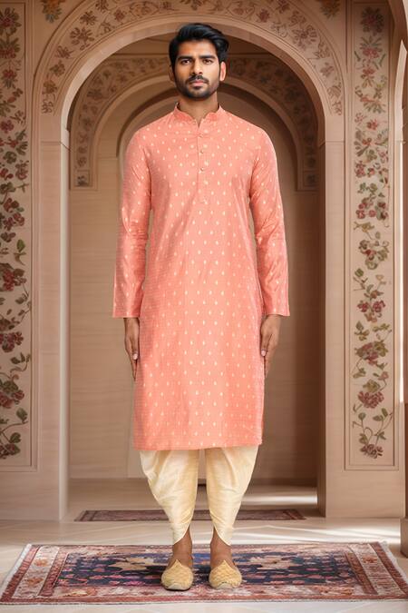 Buy_Arihant Rai Sinha_Peach Brocade, Silk Leaf Motif Kurta Set With Patiala Pant
