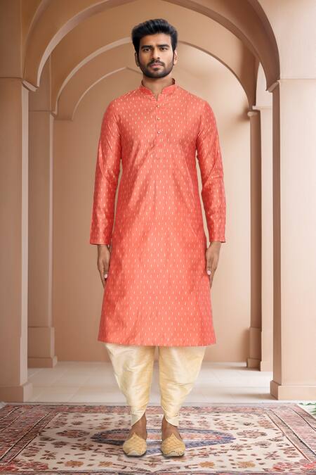 Arihant Rai Sinha_Peach Kurta Brocade, Patiala Pant Art Silk Abstract Woven Motif And Set_Online_at_Aza_Fashions