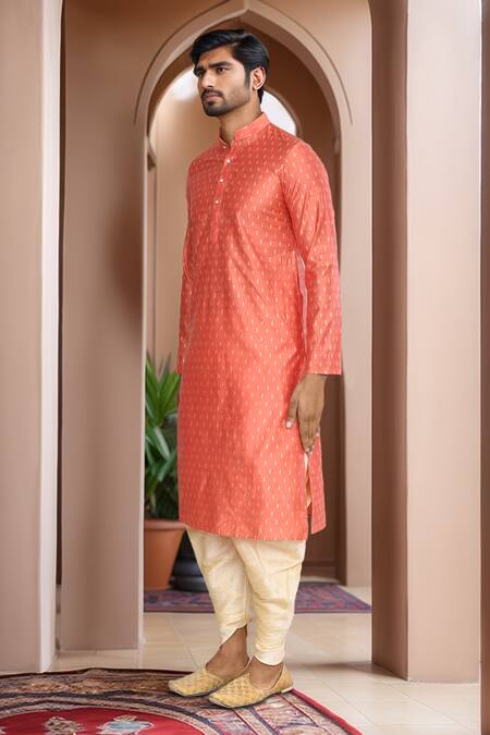Shop_Arihant Rai Sinha_Peach Kurta Brocade, Patiala Pant Art Silk Abstract Woven Motif And Set_Online_at_Aza_Fashions