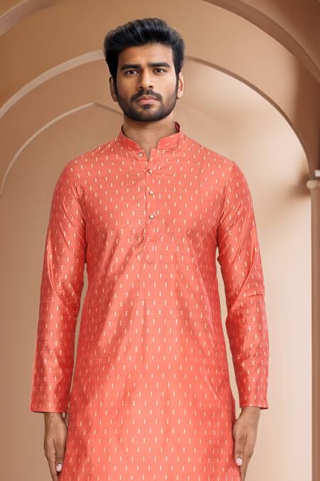 Arihant Rai Sinha_Peach Kurta Brocade, Patiala Pant Art Silk Abstract Woven Motif And Set_at_Aza_Fashions