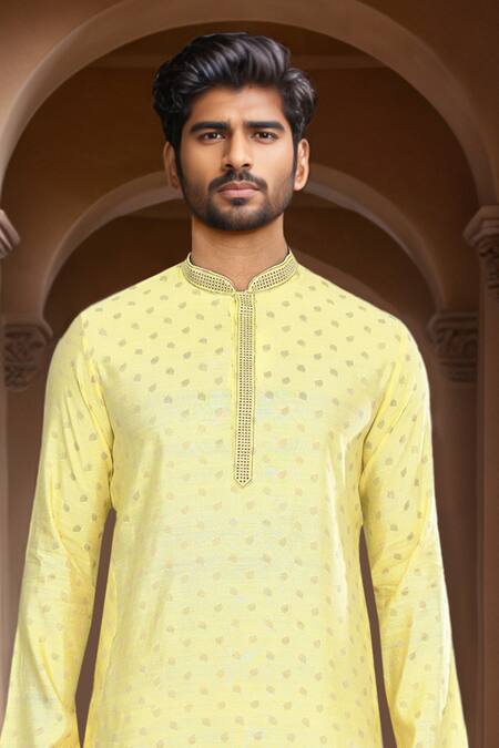 Arihant Rai Sinha_Yellow Brocade, Silk Embroidery Woven Leaf Motif Kurta Set_Online_at_Aza_Fashions