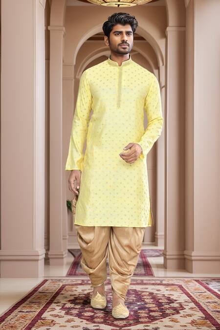 Buy_Arihant Rai Sinha_Yellow Brocade, Silk Embroidery Woven Leaf Motif Kurta Set_Online_at_Aza_Fashions