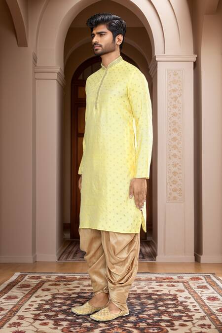 Arihant Rai Sinha_Yellow Brocade, Silk Embroidery Woven Leaf Motif Kurta Set_at_Aza_Fashions
