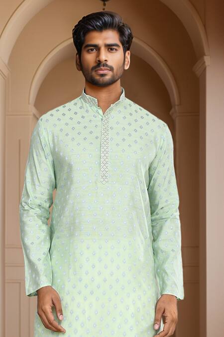 Shop_Arihant Rai Sinha_Green Kurta Brocade, Patiala Pant Art Silk Geometric Motif With_Online_at_Aza_Fashions