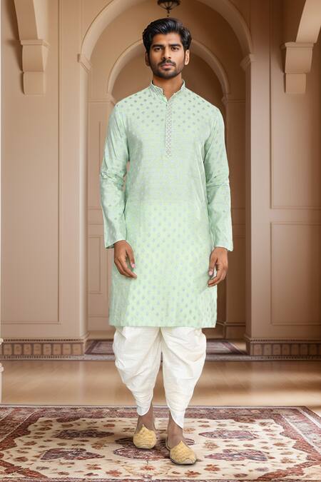 Arihant Rai Sinha_Green Kurta Brocade, Patiala Pant Art Silk Geometric Motif With_at_Aza_Fashions