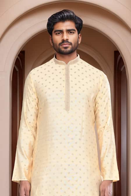 Arihant Rai Sinha_Gold Kurta Brocade, Patiala Pant Art Silk Leaf Woven Straight With_Online_at_Aza_Fashions