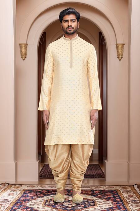 Buy_Arihant Rai Sinha_Gold Kurta Brocade, Patiala Pant Art Silk Leaf Woven Straight With_Online_at_Aza_Fashions
