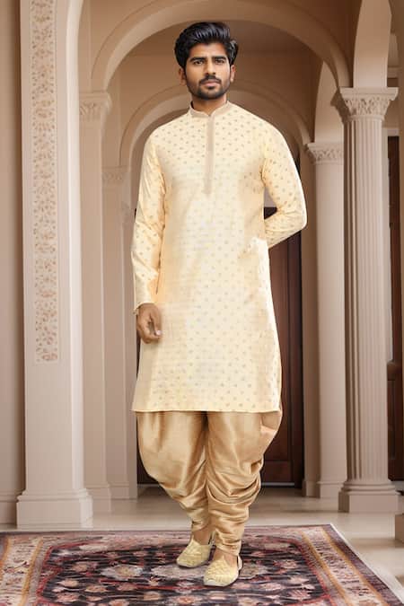 Shop_Arihant Rai Sinha_Gold Kurta Brocade, Patiala Pant Art Silk Leaf Woven Straight With_Online_at_Aza_Fashions