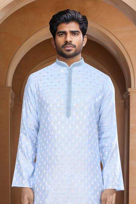 Arihant Rai Sinha_Blue Brocade, Silk Embroidery Woven Fallen Leaf Kurta And Patiala Pant Set_Online_at_Aza_Fashions
