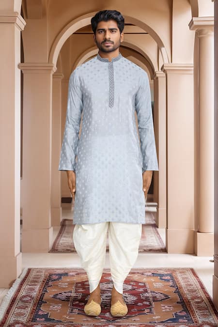 Shop_Arihant Rai Sinha_Gray Brocade, Silk Embroidery Woven Ethnic Motif Kurta And Patiala Pant Set_Online_at_Aza_Fashions