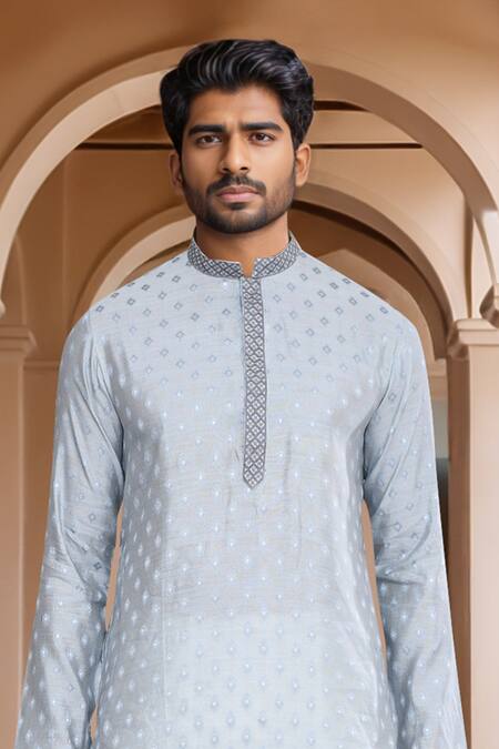 Arihant Rai Sinha_Gray Brocade, Silk Embroidery Woven Ethnic Motif Kurta And Patiala Pant Set_at_Aza_Fashions