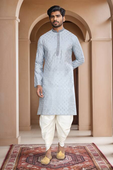 Shop_Arihant Rai Sinha_Gray Brocade, Silk Embroidery Woven Ethnic Motif Kurta And Patiala Pant Set