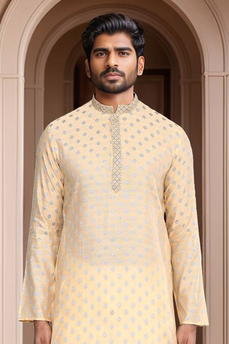 Arihant Rai Sinha_Beige Brocade, Silk Embroidery Woven Ethnic Motif Kurta Set_Online_at_Aza_Fashions