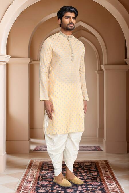 Shop_Arihant Rai Sinha_Beige Brocade, Silk Embroidery Woven Ethnic Motif Kurta Set_Online_at_Aza_Fashions