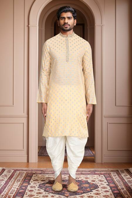 Arihant Rai Sinha_Beige Brocade, Silk Embroidery Woven Ethnic Motif Kurta Set_at_Aza_Fashions
