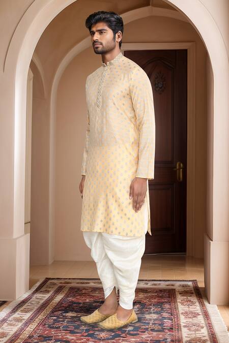 Shop_Arihant Rai Sinha_Beige Brocade, Silk Embroidery Woven Ethnic Motif Kurta Set