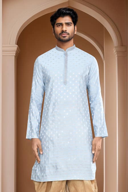 Arihant Rai Sinha_Blue Kurta Brocade, Patiala Pant Art Silk Leaf Petal Woven Motif And Set_Online_at_Aza_Fashions