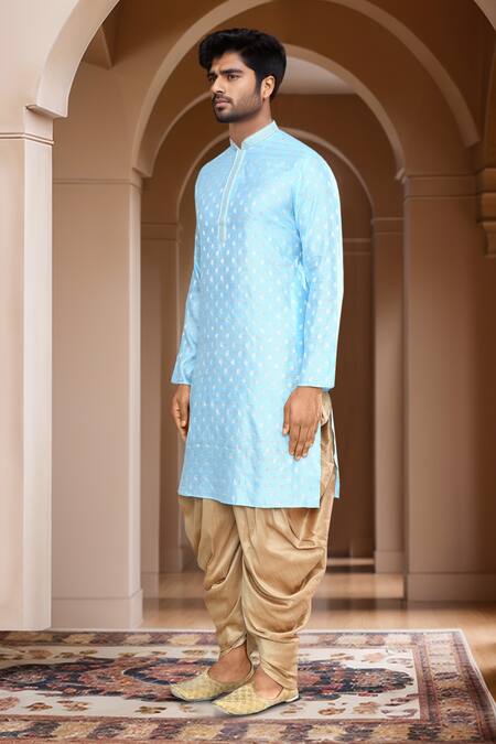 Arihant Rai Sinha Blue Brocade, Silk Embroidery Woven Leaf Petal Kurta Set Online at Aza Fashions Arihant Rai Sinha_Blue Brocade, Silk Embroidery Woven Leaf Petal Kurta Set_Online_at_Aza_Fashions