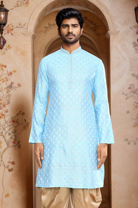 Shop Arihant Rai Sinha Blue Brocade, Silk Embroidery Woven Leaf Petal Kurta Set Online at Aza Fashions Shop_Arihant Rai Sinha_Blue Brocade, Silk Embroidery Woven Leaf Petal Kurta Set_Online_at_Aza_Fashions