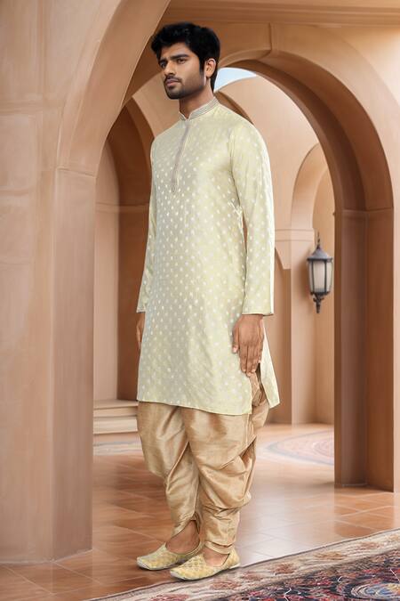 Shop_Arihant Rai Sinha_Green Brocade, Silk Embroidery Woven Leaf Motif Kurta And Patiala Pant Set_Online_at_Aza_Fashions