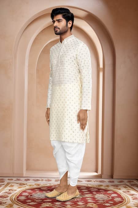 Buy_Arihant Rai Sinha_Gold Brocade, Silk Embroidery Woven Leaf Petal Motif Kurta Set_Online_at_Aza_Fashions