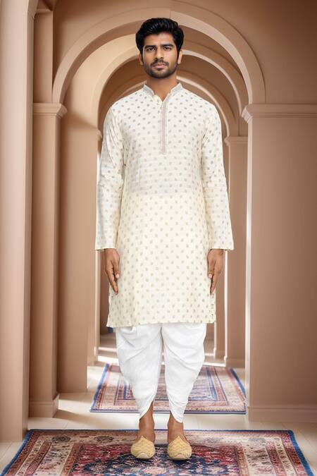 Shop_Arihant Rai Sinha_Gold Brocade, Silk Embroidery Woven Leaf Petal Motif Kurta Set_Online_at_Aza_Fashions