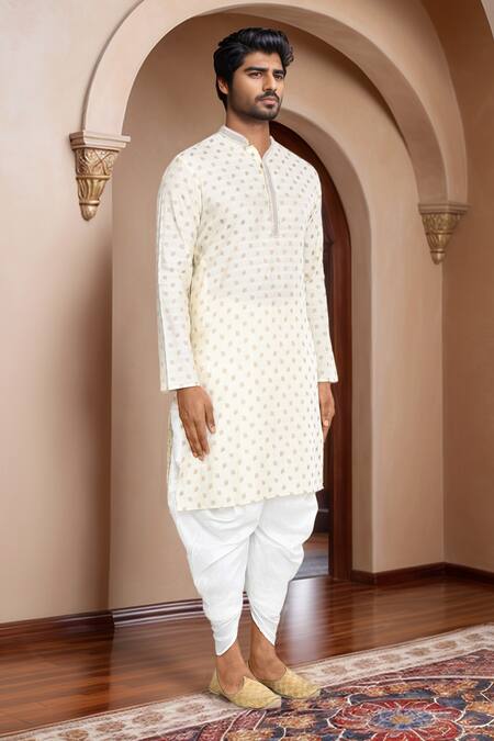 Shop_Arihant Rai Sinha_Gold Brocade, Silk Embroidery Woven Leaf Petal Motif Kurta Set