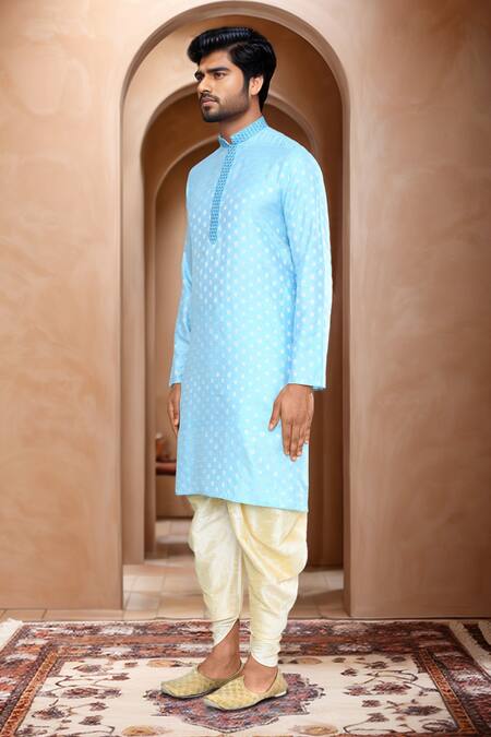 Buy_Arihant Rai Sinha_Blue Brocade, Silk Embroidery Woven Floral Motif Kurta Set_Online_at_Aza_Fashions