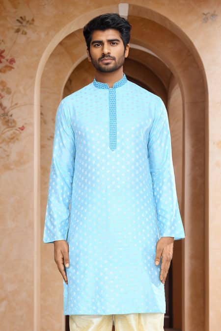Shop_Arihant Rai Sinha_Blue Brocade, Silk Embroidery Woven Floral Motif Kurta Set_Online_at_Aza_Fashions
