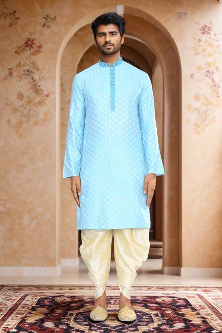 Arihant Rai Sinha_Blue Brocade, Silk Embroidery Woven Floral Motif Kurta Set_at_Aza_Fashions