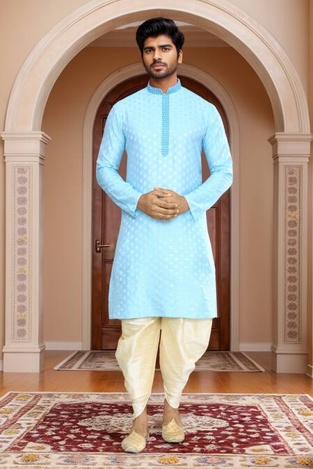Shop_Arihant Rai Sinha_Blue Brocade, Silk Embroidery Woven Floral Motif Kurta Set