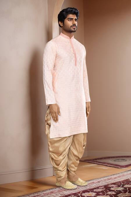 Shop_Arihant Rai Sinha_Peach Brocade, Silk Embroidery Woven Foliate Kurta Set_Online_at_Aza_Fashions