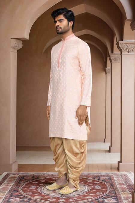 Arihant Rai Sinha_Peach Brocade, Silk Embroidery Woven Foliate Kurta Set_at_Aza_Fashions